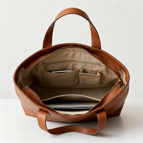 Brown Tote Bag | Top Zipper Closure And Interior Pockets